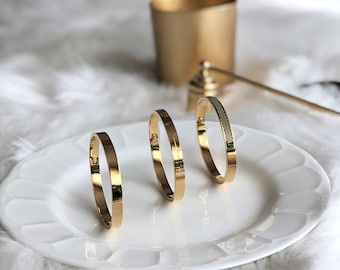 Gold Bangle Bracelet, Simple Flat, Rectangle, Love Written, Stainless Steel Non Tarnish Jewelry