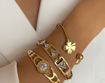Clover Gold Bangle Cuff Bracelet, Stainless Steel Non Tarnish Jewelry