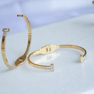 Bangle Bracelet, Gold T Cuff with Zircon, Stainless Steel Bracelets, Non Tarnish Simple Cuff, Trendy Women Accessories