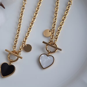 Gold Necklace with Black and White Heart, Stainless Steel Non Tarnish Jewelry