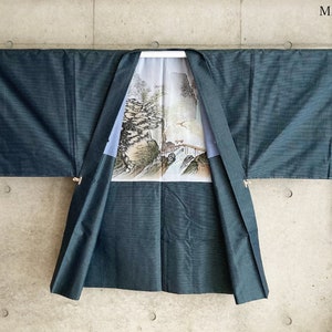 M235: Japanese Vintage kimono haori, jacket, and robe. "Oshima Tsumugi". Blue-green. Scenery.