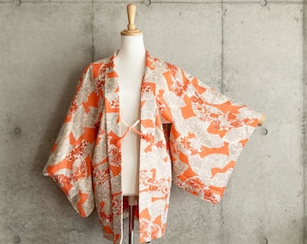 F756: Japanese vintage kimono Haori, Jacket, Robe, Dress. Orange. Floral pattern.
