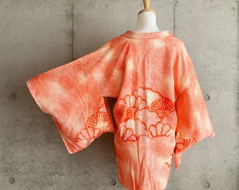 S275: Japanese vintage kimono Haori, Jacket, Robe, Dress. Japanese "Shibori". Orange. Flowers.