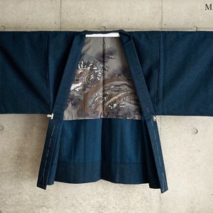 M236: Japanese vintage kimono haori, jacket, and robe. "Wool". Blue. Scenery.