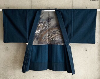 M236: Japanese Vintage kimono haori, jacket, and robe.  "Wool". Blue. Scenery.