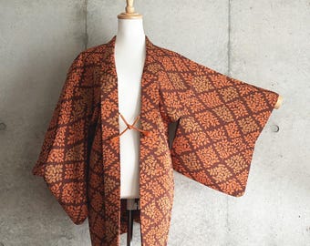 F1342: Japanese Vintage Kimono Haori, Jacket, Robe, Dress. Orange