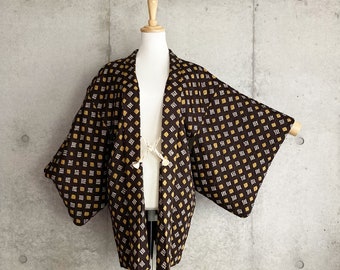 S712: Japanese vintage kimono Haori, Jacket, Robe, Dress. Japanese "Shibori". Dark brown. Diamond-shaped pattern.