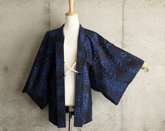 F781 : kimono vintage japonais Haori, Veste, Robe, Robe Oshima tsumugi Bleu.