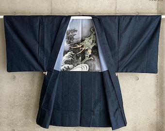 M246: Kimono vintage giapponese haori, giacca e veste "Oshima Tsumugi Blu scuro".
