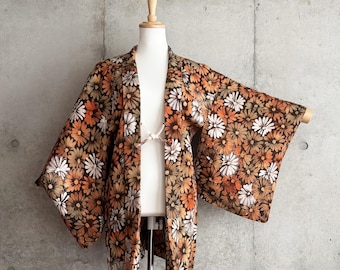 F1342: Japanese Vintage Kimono Haori, Jacket, Robe, Dress. Orange