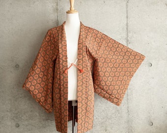 F725: Japanese vintage kimono Haori, Jacket, Robe, Dress. Orange. Geometric pattern.