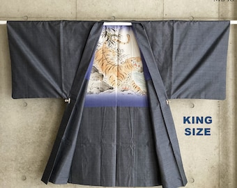 M243: Japanese Vintage kimono haori, jacket, and robe.  "Oshima Tsumugi". Gray-blue. Tiger.