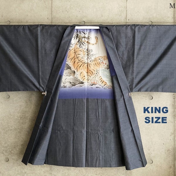 M243: Japanese vintage kimono haori, jacket, and robe. "Oshima Tsumugi". Gray-blue. Tiger.