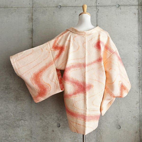 S1685: Japanese vintage kimono Haori, Jacket, Robe, Dress. Japanese "Shibori". Orange.