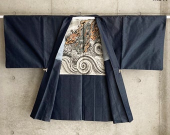 M241: Japanese Vintage kimono haori, jacket, and robe.  "Oshima Tsumugi". Dark blue. Dragon.