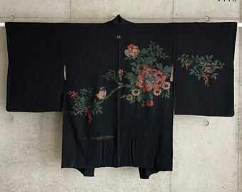 F776: Japanese vintage kimono Haori, Jacket, Robe, Dress. Black. Birds and flowers.