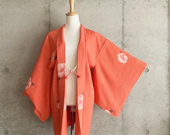 F745: Japanese vintage kimono Haori, Jacket, Robe, Dress. Orange. Camellia.