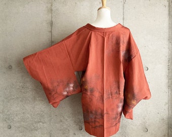 F750: Japanese vintage kimono Haori, Jacket, Robe, Dress. Red. Pine tree.