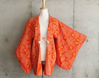 S702: Japanese vintage kimono Haori, Jacket, Robe, Dress. Japanese "Shibori". Orange. Flowers.