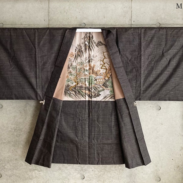 M215: Japanese Vintage kimono haori, jacket, and robe. "Oshima Tsumugi". Dark brown. Landscape.