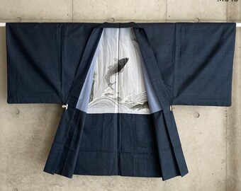 M242: Japanese Vintage kimono haori, jacket, and robe.  "Oshima Tsumugi". Dark blue. Carp.