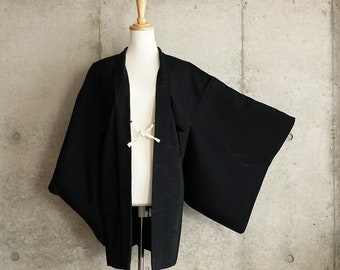 F764 : kimono vintage japonais Haori, Veste, Robe, Robe Noir.