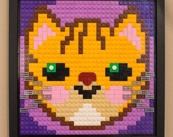 Cute Cartoon Cat Brick Mosaic Portrait (Ginger/Orange Cat Face, 11 inches framed)