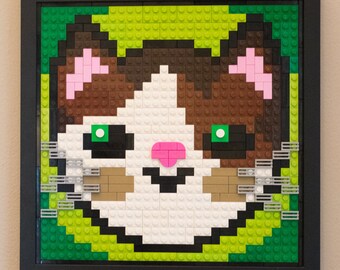 Cute Cartoon Cat Brick Mosaic Portrait (Tricolor Cat Face, 11 inches framed)