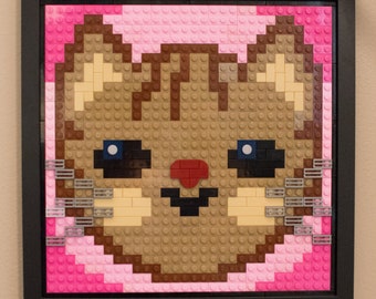 Cute Cartoon Cat Brick Mosaic Portrait (Tabby Cat Face, 11 inches framed)