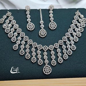 Waterfall Diamond Necklace & Earrings Set: Silver Wedding Jewelry