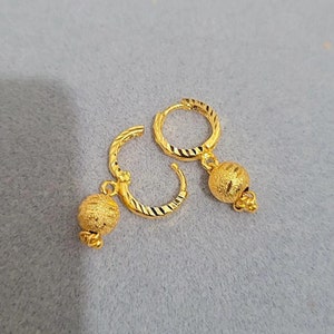 14k Real Gold P Cute Hoops - Everyday Earrings -  Dangling Bell Gold Jhumka - Slim Sleek Indian - Small Gold  Earrings - Teen Girl Earrings.