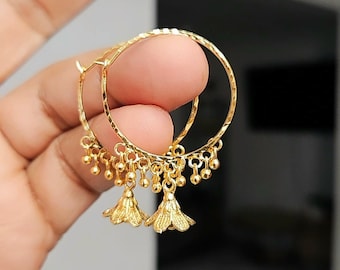 22k Real Dubai Gold Plated Hoop Jhumka Earrings / Gold Beaded Small Hoop / Dangling Gold Earrings/ Slim Sleek Indian Gold Earrings- Bali Jum