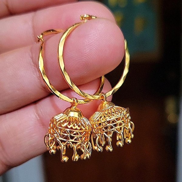 22k Real Dubai Gold Plated Hoop Jhumka Earrings / Small Hoop Earrings Gold / Hoop Jhumki Small / Slim Sleek Indian Bridal Gold Hoop Earrings