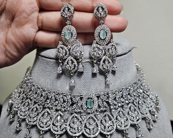 Mint Royale Bridal Choker Set | CZ Diamond Wedding Jewelry | Regal Green Statement Necklace & Earrings