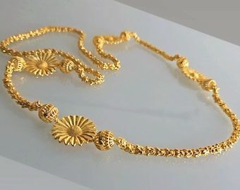 22k Gold Plated Long Necklace: Sunflower Indian Mala, 36&quot; Chain