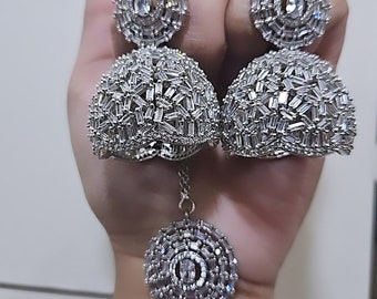 Desi AD/ CZ Chandbali New Chandler Earrings jumki Tikka Set in silver,Bridal Crystal Large American diamond Moon Earrings and Mang Tikka Set