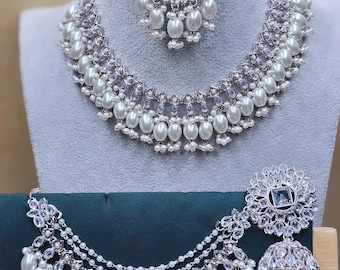 Conjunto de gargantilla de plata con polki: joyería india Kundan con cadena para las orejas