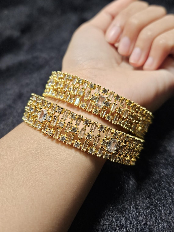 Gold CZ Baguette Bangles | Sparkling Bridal Wedding Kada Set in