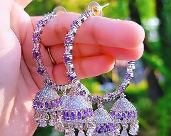CZ Diamond Hoop Jhumka Earrings: Purple White Gold Indian
