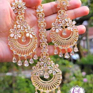 CZ Chandbali Earring Tikka Set: American Diamond Indian Bridal Jewelry