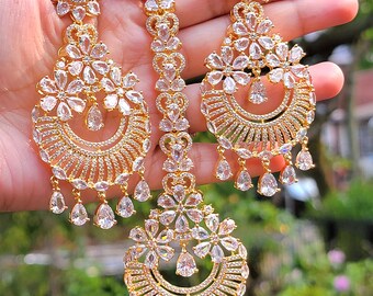 Conjunto de pendientes Tikka con circonitas CZ Chandbali: joyería nupcial india con diamantes americanos