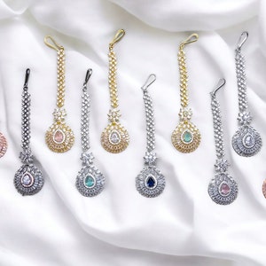 22k Gold Plated CZ Diamond Maang Tikka: Indian Forehead Jewelry
