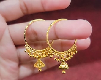 22k Real Dubai Gold Plated Hoop Jhumka Earrings / Gold Beaded Small Hoop / Dangling Gold Hoops/ Slim Sleek Indian Gold Earrings- Bali Jumki