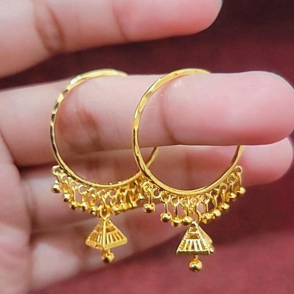 22k Real Dubai Gold Plated Hoop Jhumka Earrings / Gold Beaded Small Hoop / Dangling Gold Hoops/ Slim Sleek Indian Gold Earrings- Bali Jumki