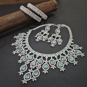 Statement Necklace+ Bangles -Mint Silver Jewelry Set- Sabyasachi Haar Earrings- Indian jewelry- CZ Diamond Set-Matching Bangles Necklace set