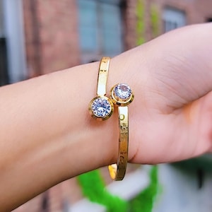Gold CZ Diamond Bangle Bracelet: Adjustable Cuff, 18k Gold Plated