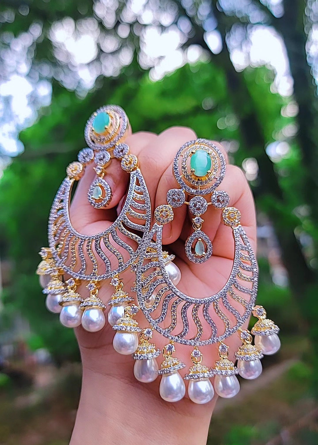 Handmade CZ Chandbali Earrings: 24k Gold Plated Bridal Jewelry