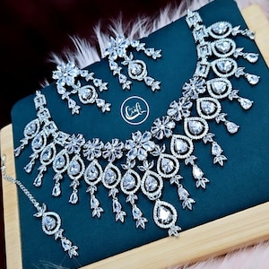 Silver American Diamond Necklace Set: Indian CZ Jewelry with Tikka