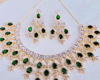 Statement Necklace - Emeralds Gold Necklace Set- Sabyasachi Jewelry Set- Indian jewelry- CZ Diamond Set- Gold Plated Necklace Earrings Set