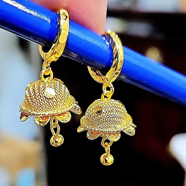22k  Dubai Gold Plated Hoop Jhumka Earrings / Gold Beaded Small Hoop / Dangling Gold bell Hoops/ Slim Sleek Indian Gold Earrings- Bali Jumki